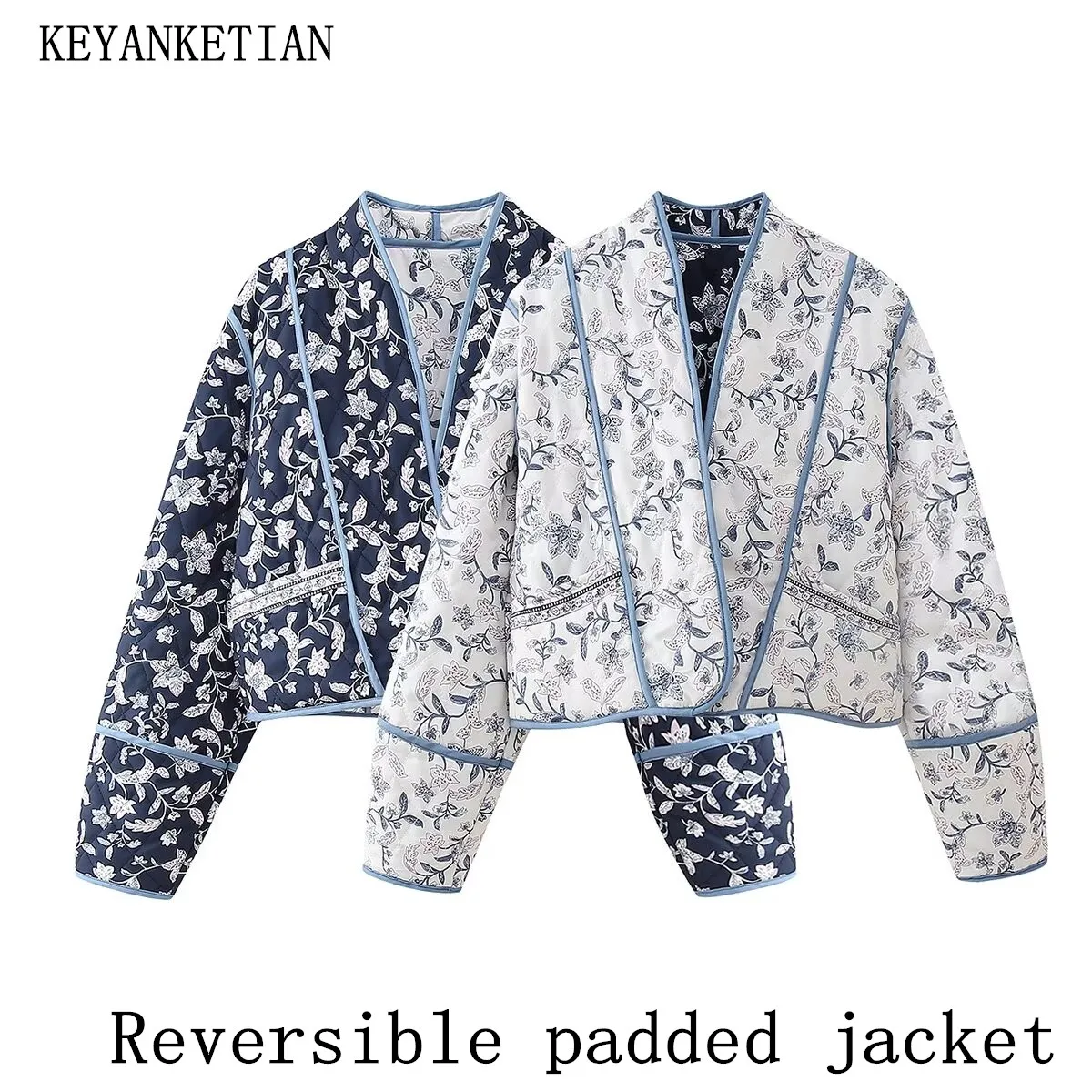 KEYANKETIAN Winter New Women\'s Prairie Chic Flower print Reversible Floral Printed Short Padded Jacket Loose Crop Top Outerwear