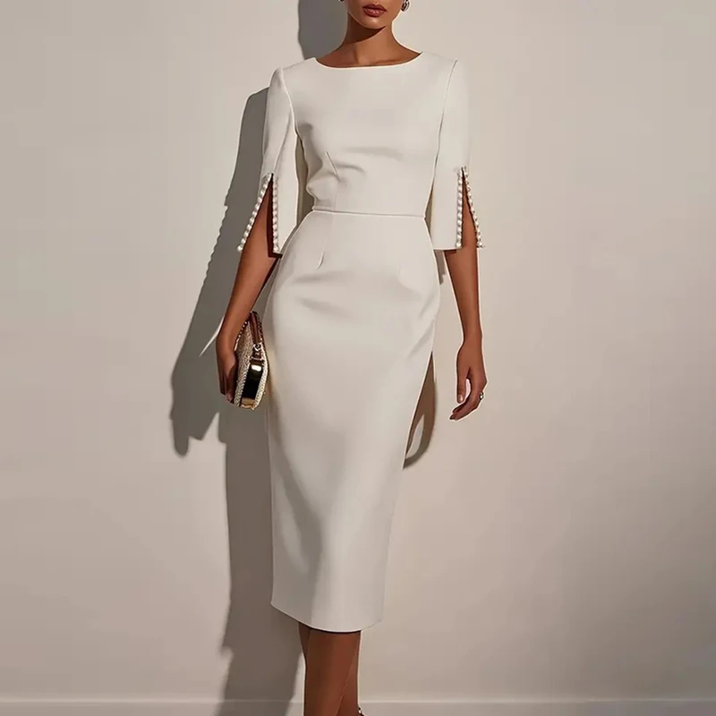 Office Lady Beading Decoration Black Commute Dress Elegant O Neck Split Half Sleeve Slim Midi Dress Casual Women Wrap Hips Dress