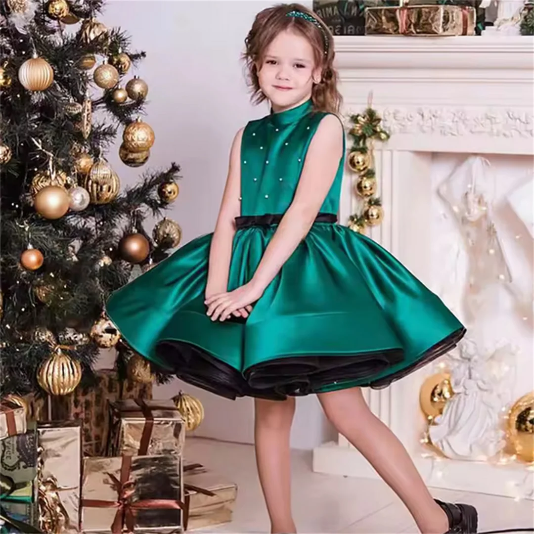 

Customized Graceful Halter Sleeveless Satin Flower Girl Dress Wedding Birthday Party Holiday Celebration Short Ball Gown