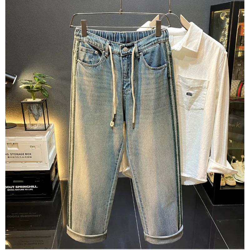 

Осень 2021, свободные прямые джинсы, мужские трендовые корейские версии, уличная мода, повседневные брюки с эластичным поясом