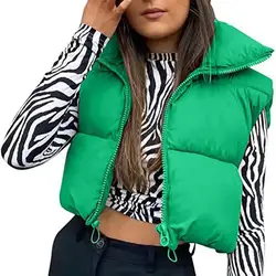 Cotton Padded Crop Top Women Winter Vest Short Sleeveless Jackets Ladies Waistcoat Stand Collar Zipper Cotton Thick Vest Coat