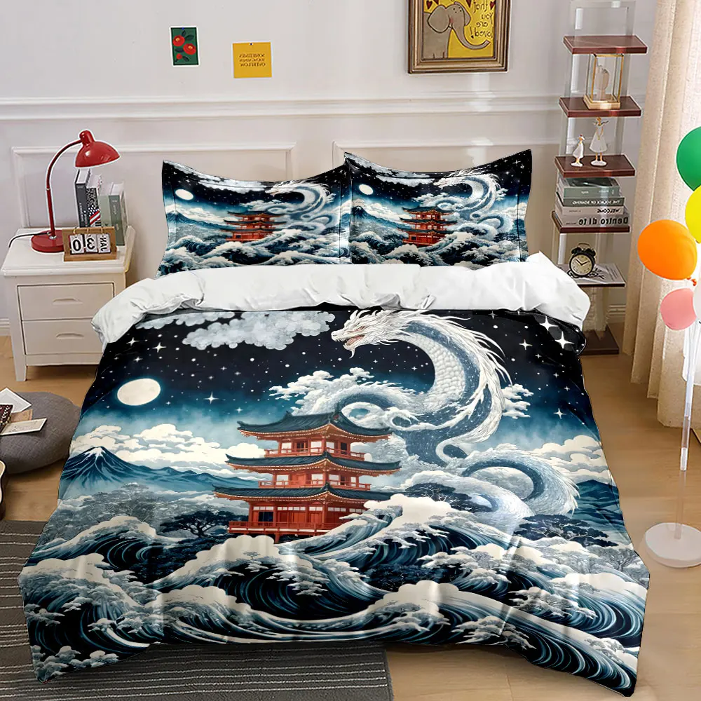

Red pagoda dragon and surging waves Print Bedding Set 1 Duvet Cover 2 Pillowcases for Adult and Children Luxury Gift Full Size