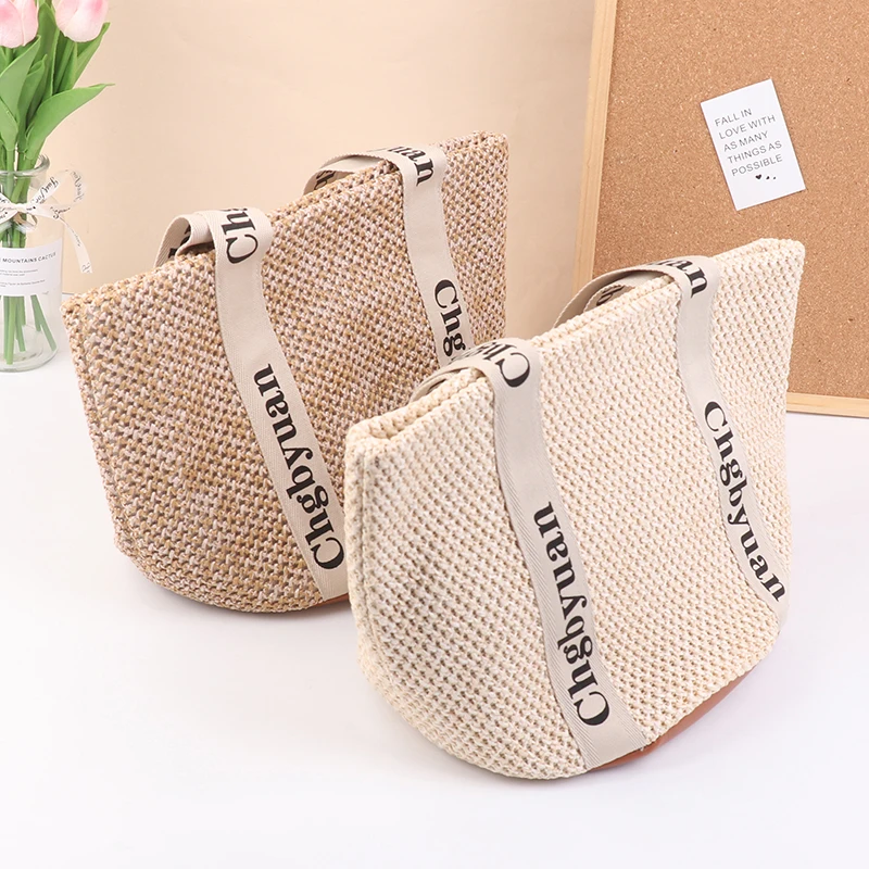 Popular Grass Woven Bag Handmade Woven Beach Bag Retro Countryside Style Handbag Portable Large Capacity Casual Tote