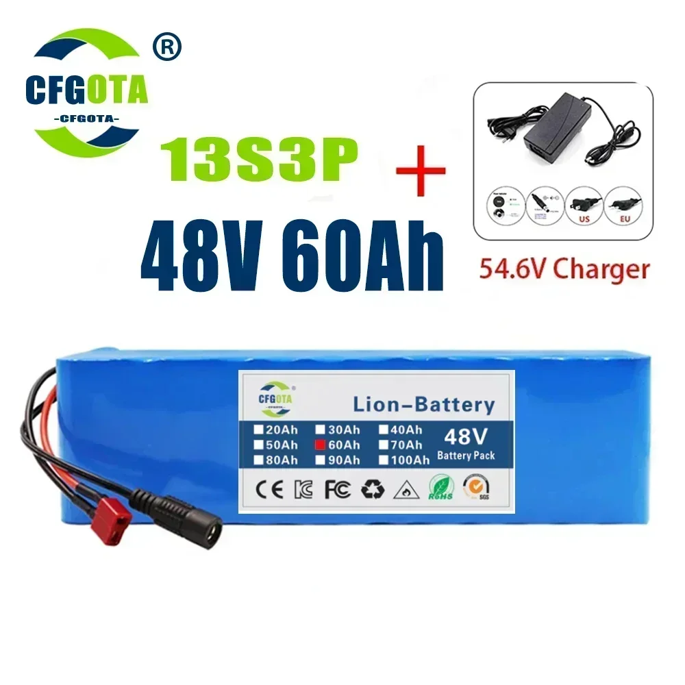 100% New 48v battery agli ioni di liio 48v 60Ah 1000w 13S3P battery 54.6v E-bike Motorino bicicletta Elettrica BMS + charger