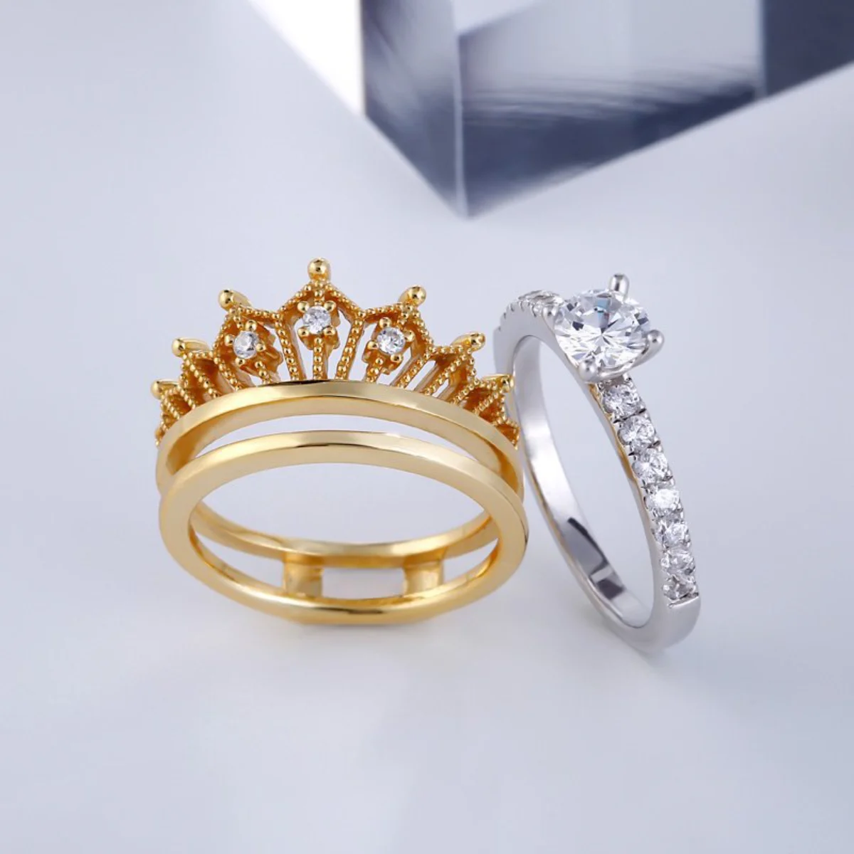 Anillo de diamante de corona dos en uno, anillo de circón con incrustaciones de diamante desmontable, conjunto de dos piezas, soporte a granel, pedido de bajo precio, 0 $, Envío Gratis