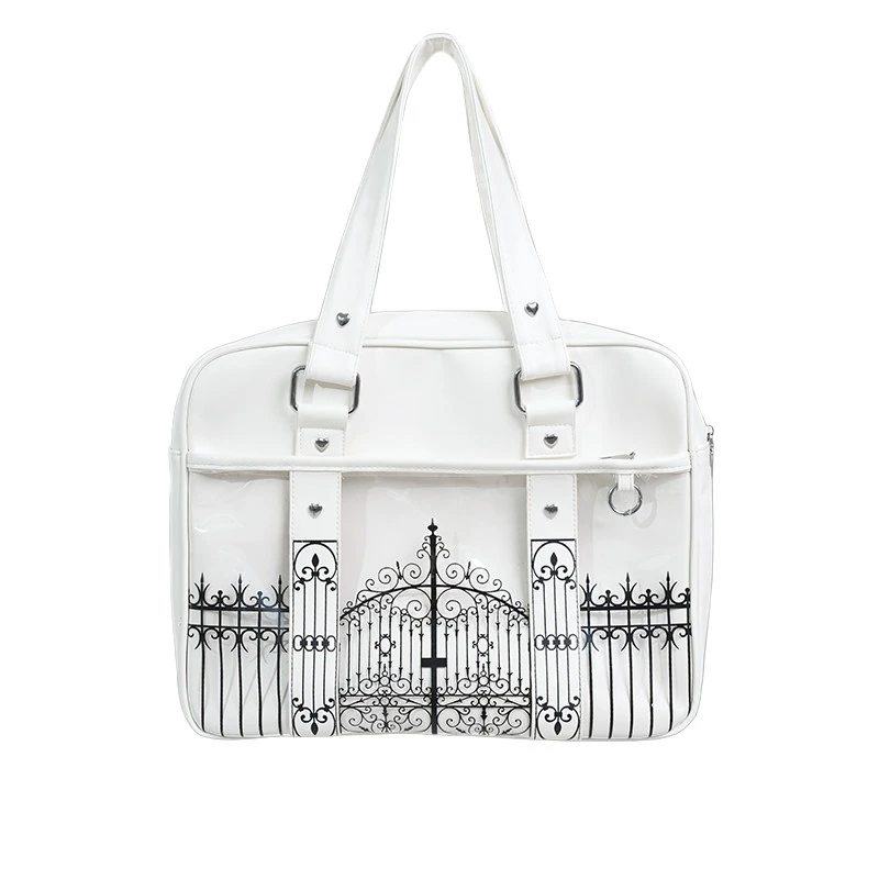 Gothic Ita Bag mit transparentem PVC-Fenster, Damen-Umhängetasche mit Eisentor-Design-Print, Vintage-Handtasche, schwarze Tragetasche – Detail 9