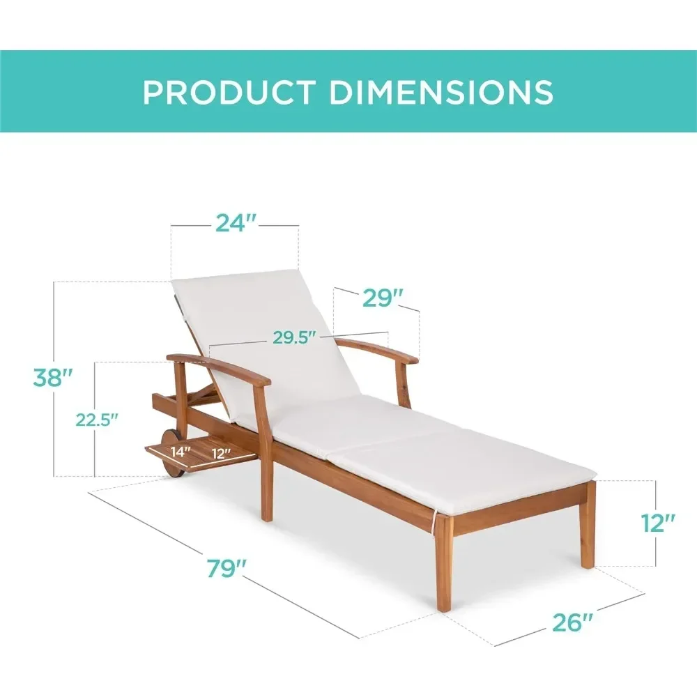 A bordo de la piscina con mesa auxiliar deslizante, silla para exteriores, cojín acolchado de espuma, cama plegable de 79x26 pulgadas, sillón reclinable de madera de Acacia