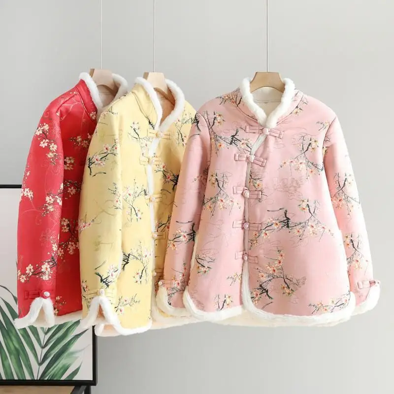 5XL Autumn Winter New Mother\'s With Plush Warm Cotton Jacket Women\'s Fashionable Single Breaste Versatile Fleece Floral Jacket