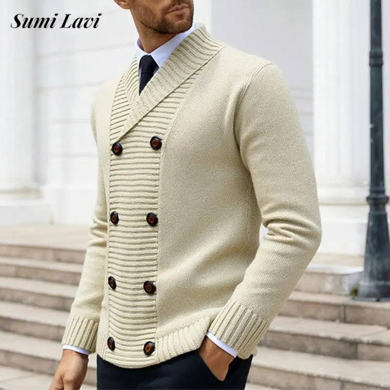 

Office Mens Business Fashion Sweatercoat Autumn Winter Casual Double-breasted Lapel Knit Cardigan Vintage Men Knitted Outerwear