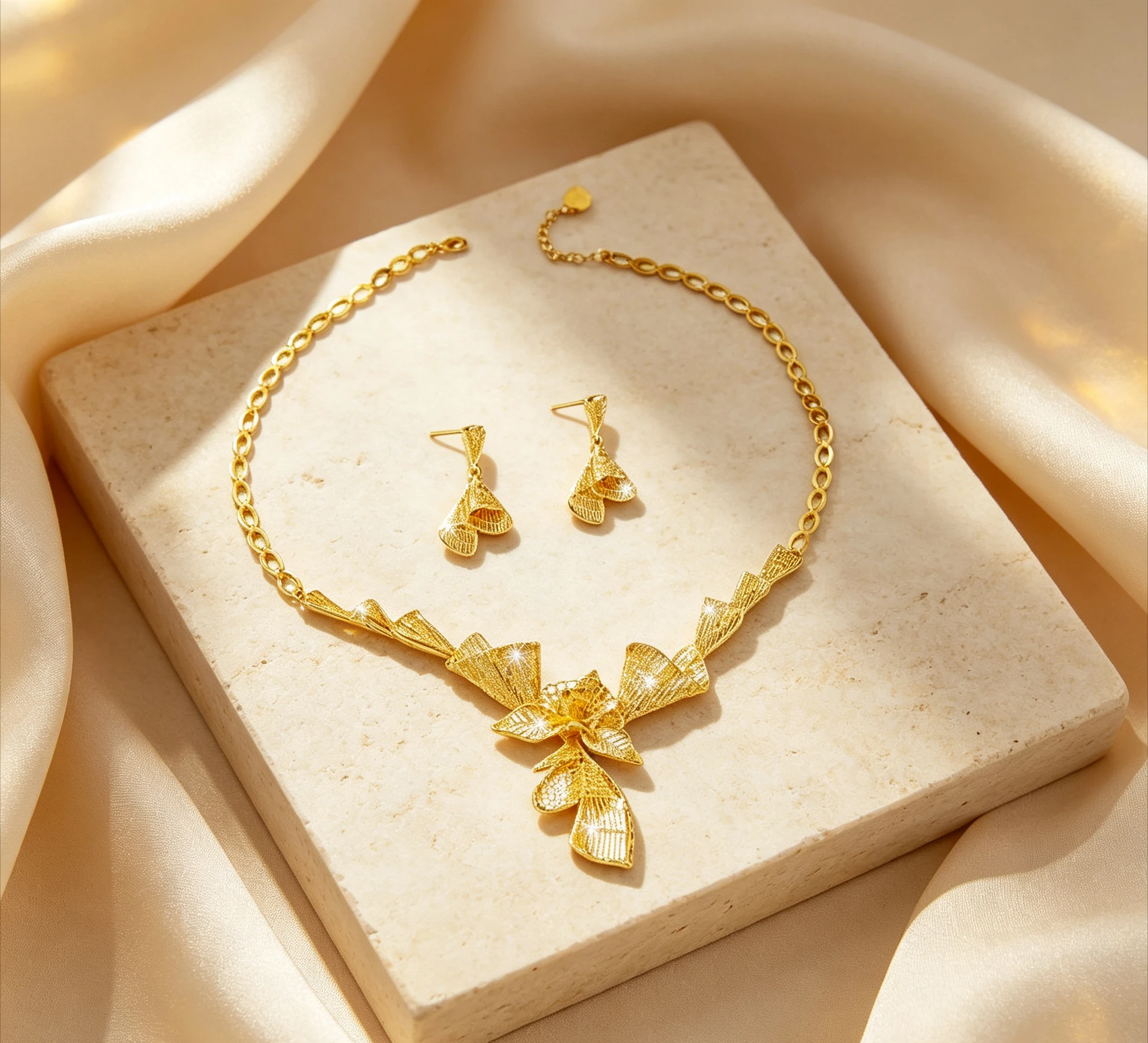 9999 Pure Gold real gold Middle East Bride Unique Flower Necklace Earrings Set Chaingift  birthday gift
