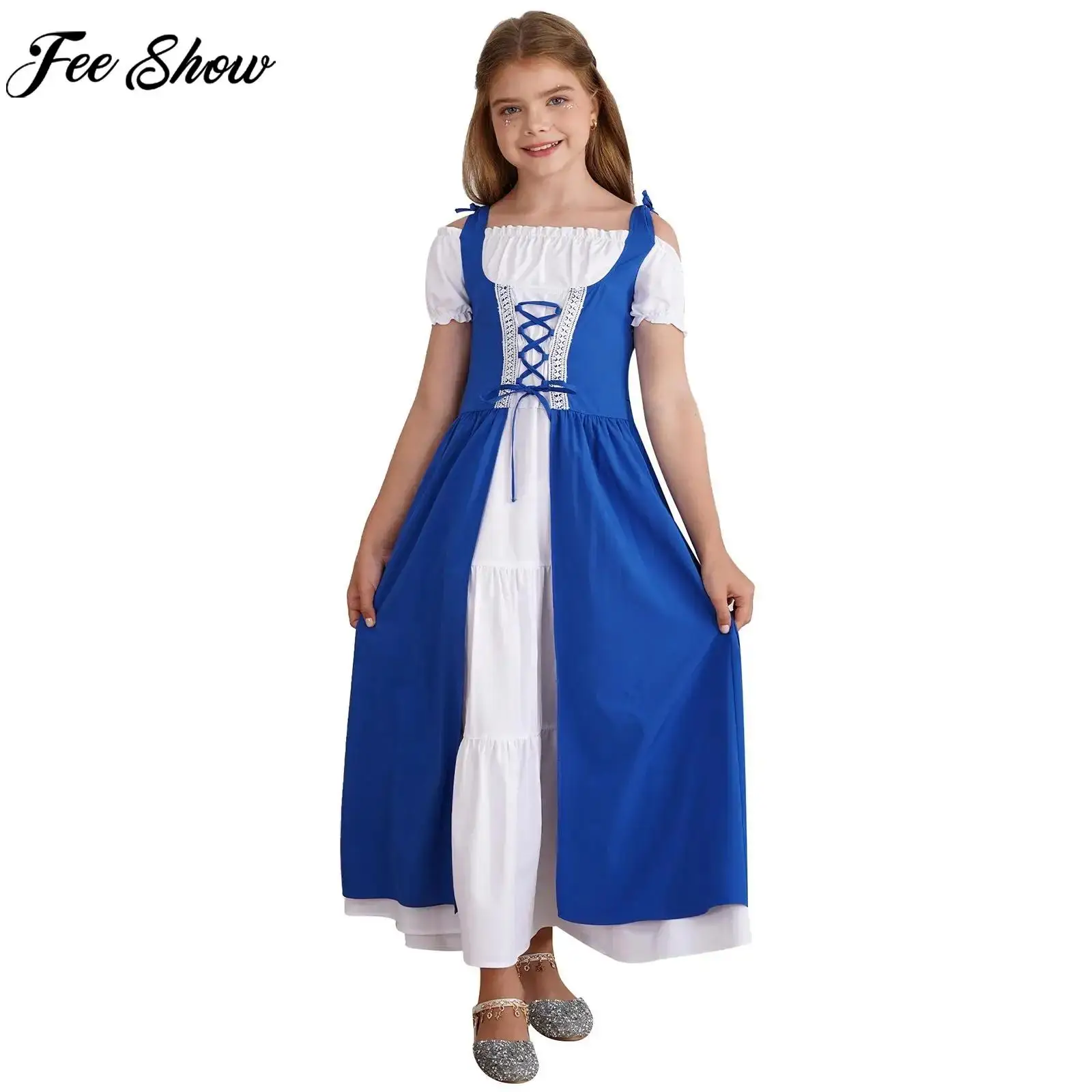 

Kids Girls Renaissance Medieval Vintage Dress Long Sleeve Lace-up Robe Gown Halloween Masquerade Theme Party Cosplay Costume