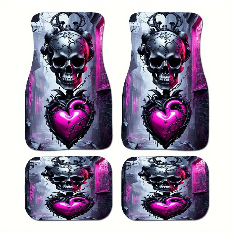 4pcs Gothic Skull & Heart Car Floor Mat Set - Crystal Velvet Anti-Slip Fit, Pink & Black Design With Purple/Pink Heart & Skull P
