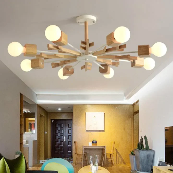 

New Arrival LED Chandelier Wooden Lustres For Living Room Wood Dining Lights Modern Ceiling Mounted Chandeliers Lighting