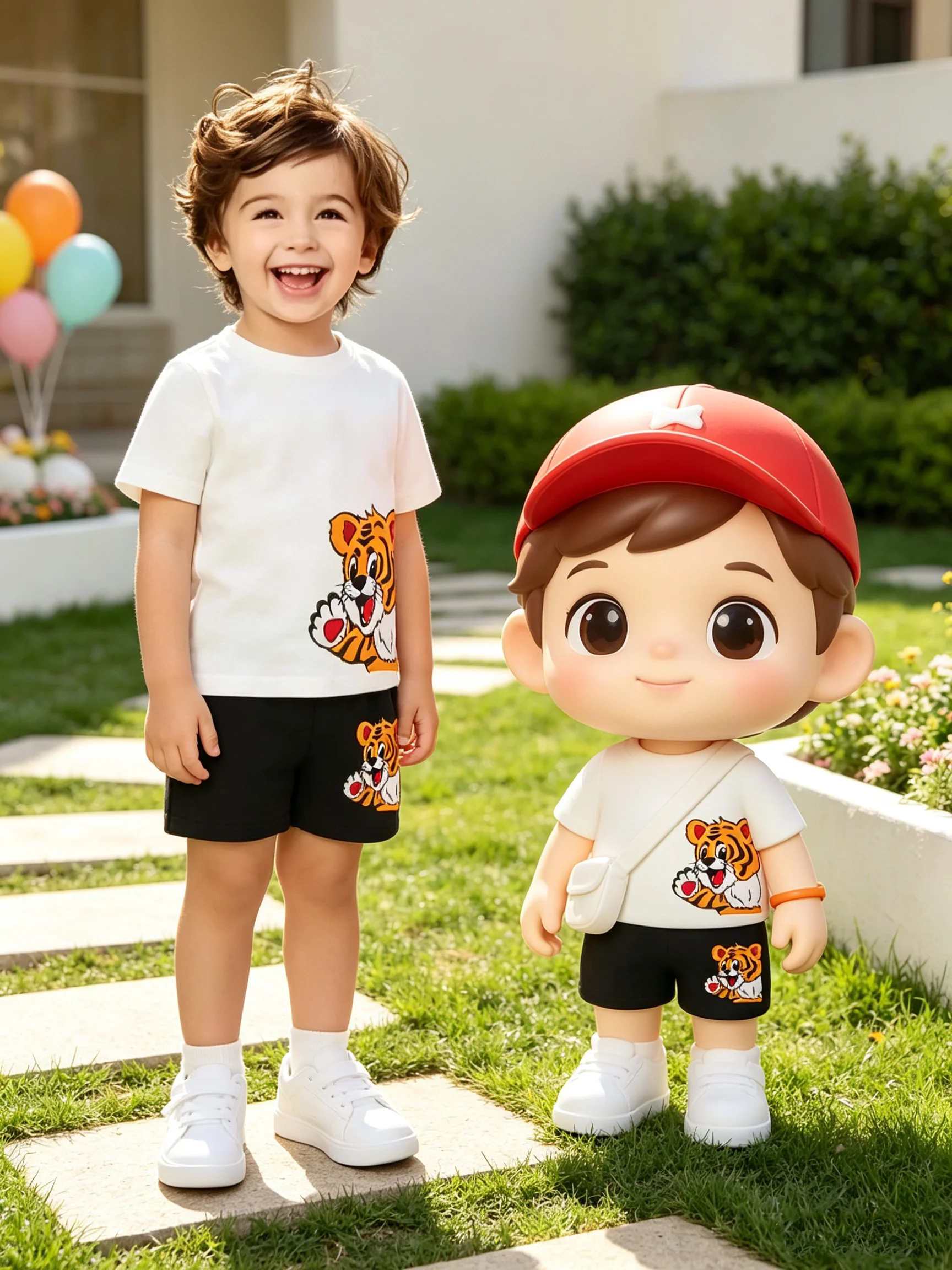 Summer children's clothing set cartoon tiger print round neck T-shirt top+tiger print elastic waist solid color shorts set