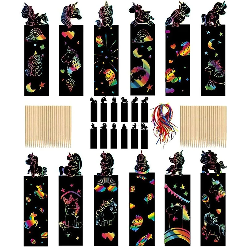 12pcs Magic Scratching Bookmarks with Ropes Hangable Children Creative Drawing Toys Graffiti colour Handmade DIY Art TMZ