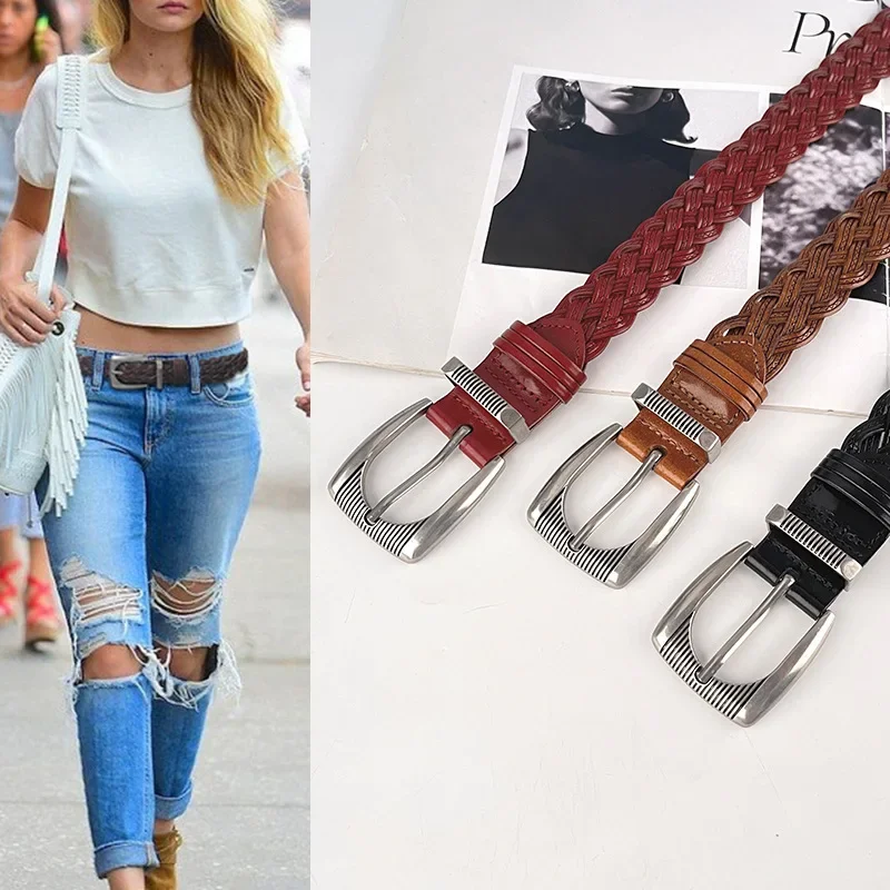 Hand-woven Faux Leather Waist Belts for Women Non-hole Curving Buckle Adjustable Waistbands Jeans Strap Casual Cinturon Ceinture