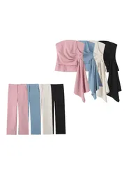 Women Fashion Draped Strapless Bustier Tops And High Waist Side Pockets Flared Pants Female Two Piece Sets Mujer