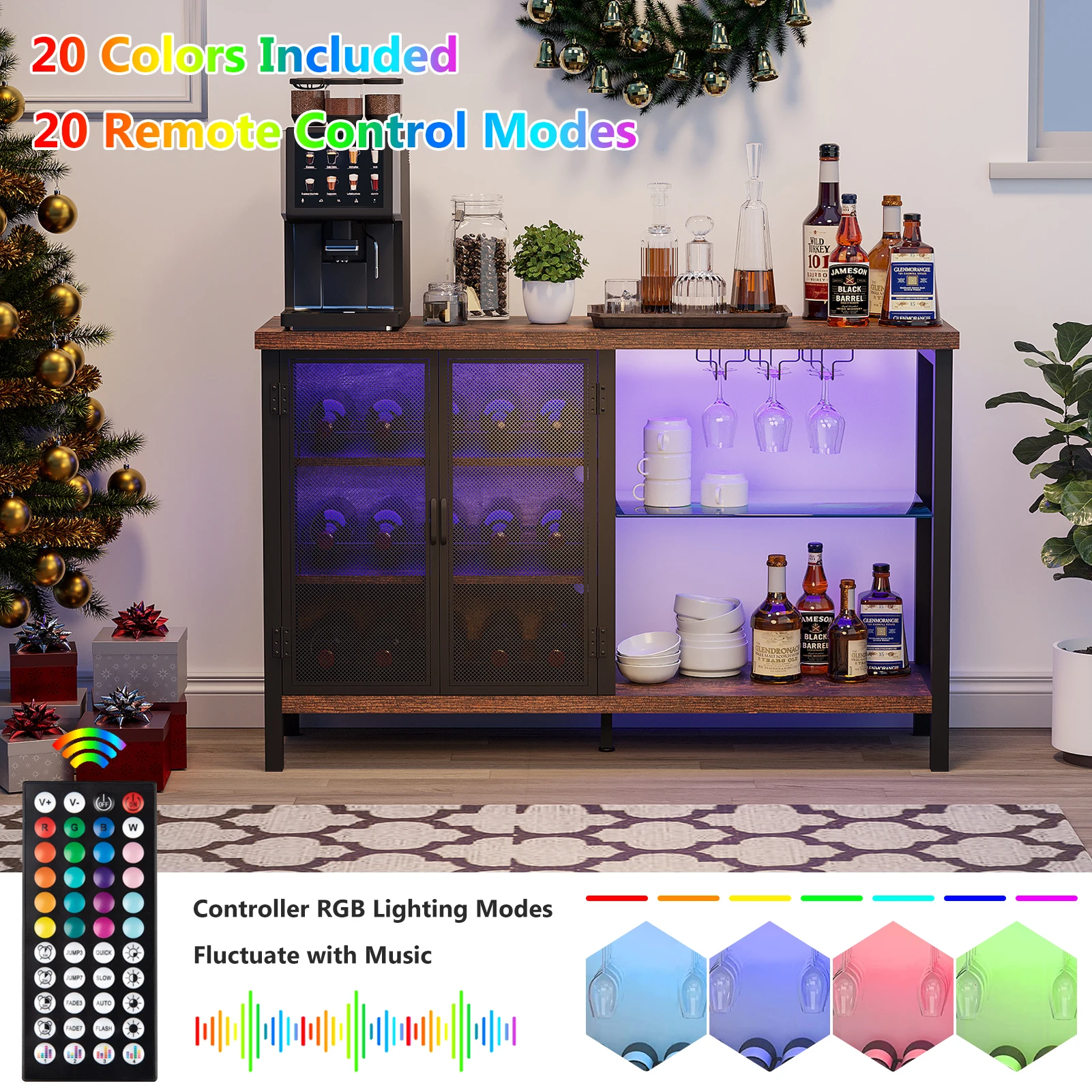 LED Wine storage cabinet,coffee bar cabinet,15 bottle wine rack,9 cup hooks, 2-door design,small bar counter for dining room