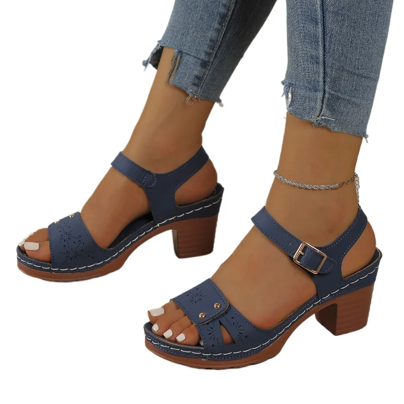 

2026 Fashion Female Solid Color Round Head Fashion Flats Footwear Women'S Thick Medium Heel Adjustable Strap Sandals for Women