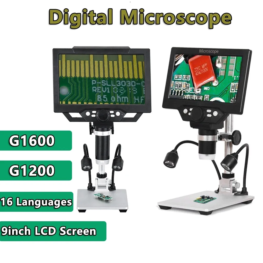 G1600 G1200 Digital Microscope 12M 1-1600X Magnification Microscope 9inch LCD Photo Video Playback Mode 16 Languages Microscope