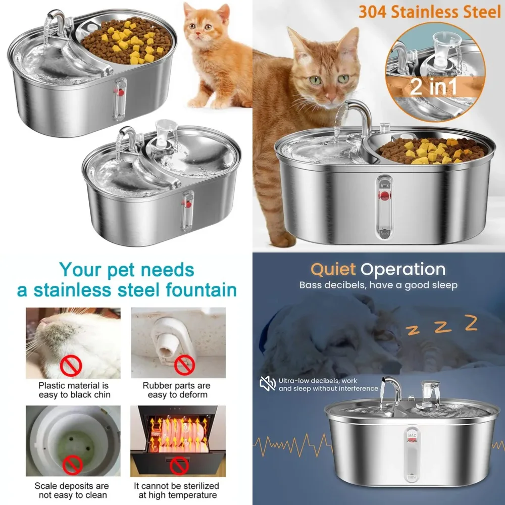 

Large Capacity Automatic Stainless Steel Cat Water Fountain with Intelligent Feeding System and Dual Food Bowls - 3L Pet Drinkin