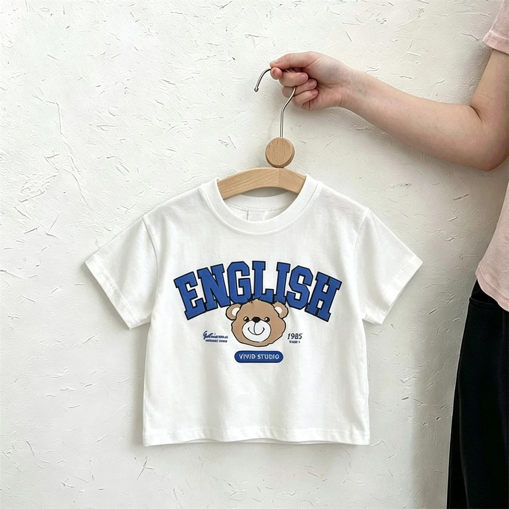 Crewneck TShirt Printing Short Sleeve 1-7Age Boys Girls Fashion Casual Tees Solid Color All-match Tees Toddler New Design T