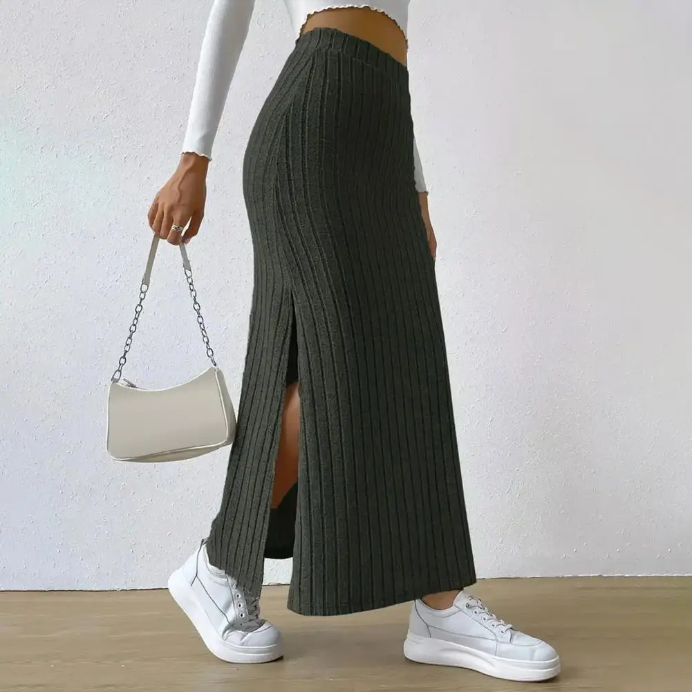 

Women High-waisted Long Skirt Elegant Ribbed Maxi Skirt with Side Slits High-waisted Solid Color Long Skirt for Autumn Winter