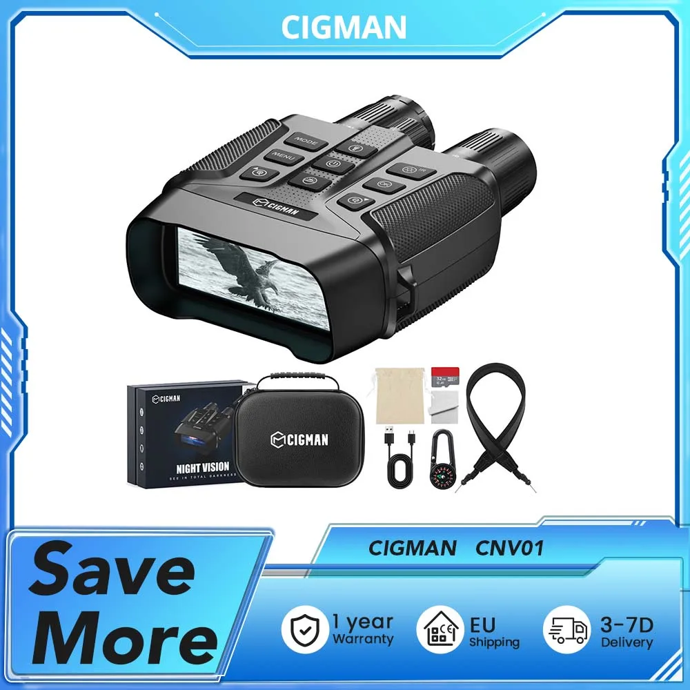 Jumelles de vision nocturne CIGMAN CNV01, écran de 3,99 pouces, 5000 mAh, grande ouverture f/1.0, carte mémoire de 32 Go, zoom 5x, lampe torche, boussole