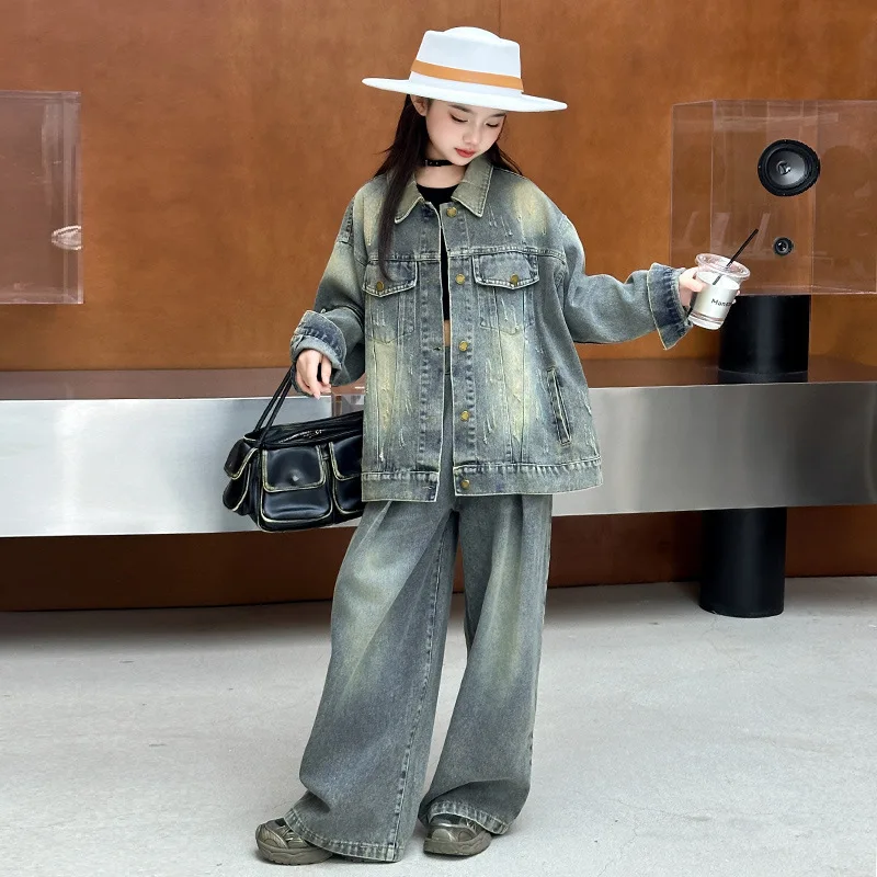 

Autumn Kids Girls Denim Sets Turn Down Collar Single-breasted Coat+Wide Leg Pant Children Girls Outfit 4-14Y Girls 2pcs Suits
