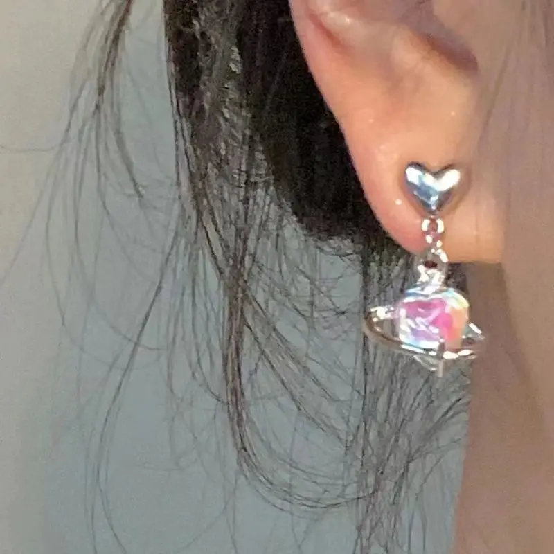 Pendientes de gota Y2K con forma de Planeta y corazón para mujer, arete de estrellas de cristal, estilo Punk, Harajuku, moda coreana, regalos de