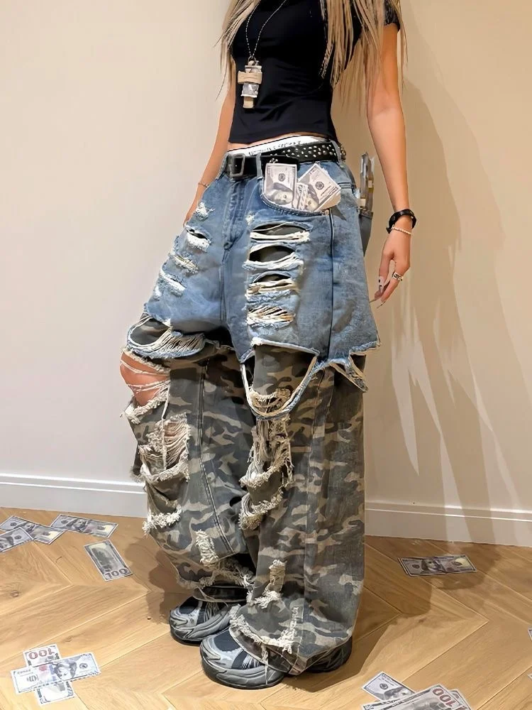 

2025 Ropa Y2K Grunge Camouflage Patchwork Baggy Ripped Stacked Jeans Pants For Women Clothing Straight Retro Lady Denim Trousers