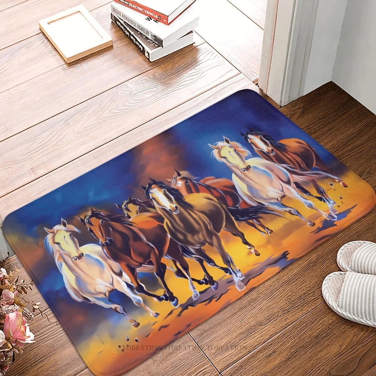 Galloping Horses Non-slip Doormat Seven Horse Oil Painting Bath Bedroom Mat Outdoor Carpet Home Modern Decor