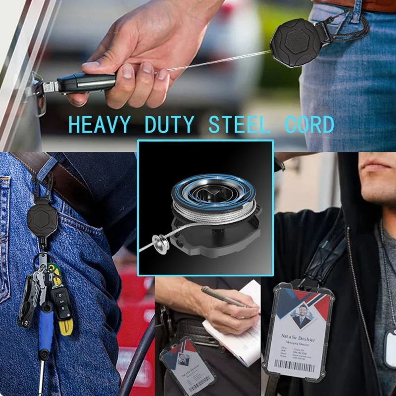 Titular de crachá retrátil e Heavy Duty Mosquetão Keychain, Tactical ID Badge Reel com 32In cabo retrátil, rolamento, durável