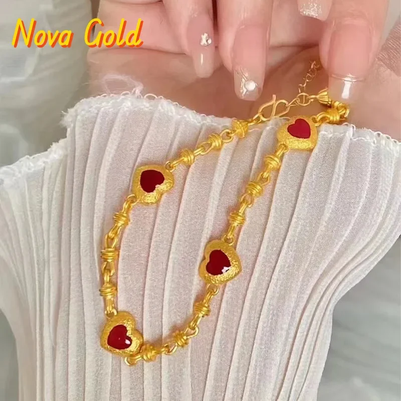 

NovaGlod 9999 Burning Blue Heart Ting with You Bracelet 24K Real Gold Retro Fashion Versatile Show White and Red Hearts Dot Wome