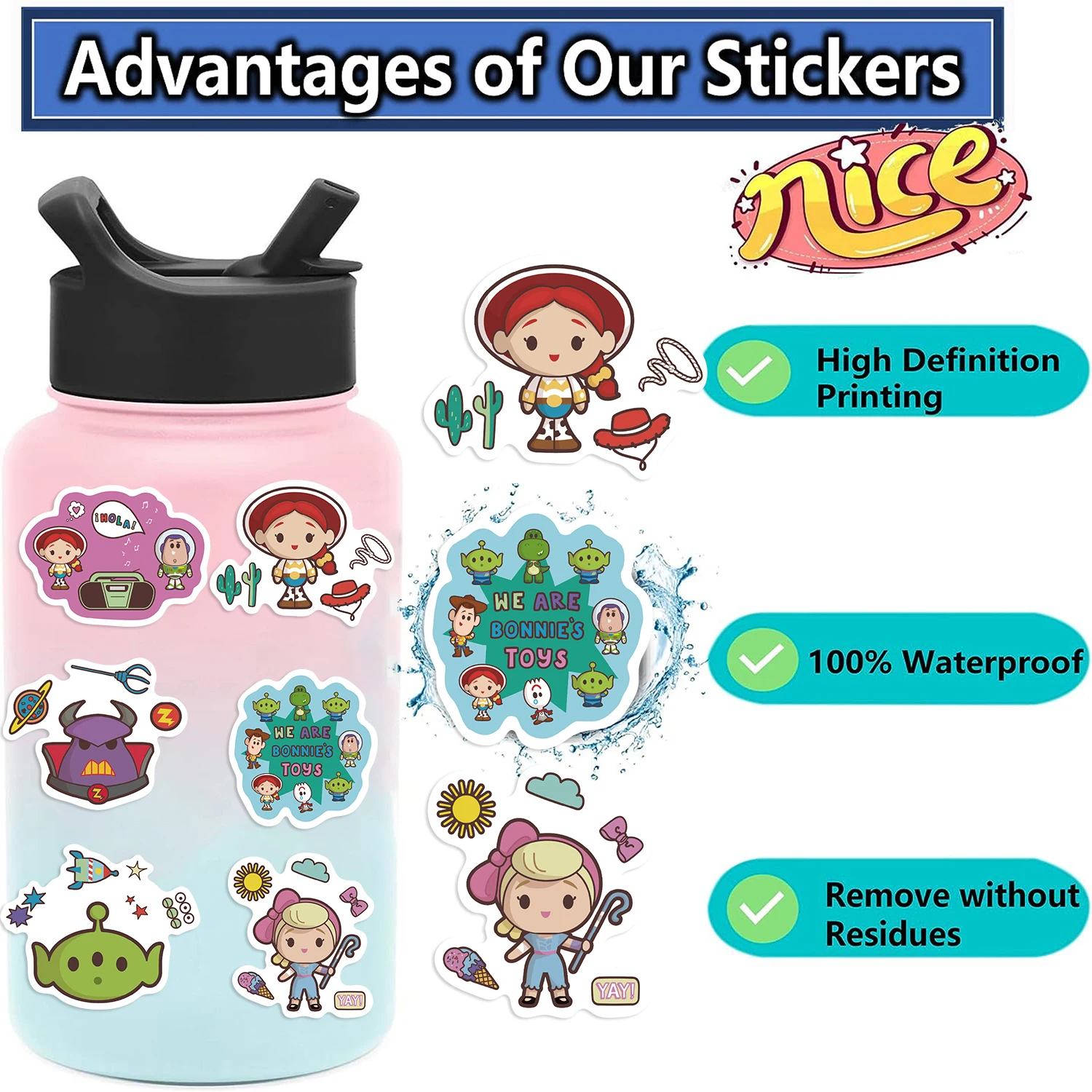 50 Stück Disney Toy Story Aufkleber, Film, Anime, Cartoon, Aufkleber, Skateboard, Gitarre, Laptop, niedliches Kawaii-Aufkleberpaket, Kinder, Mädchen, Jungen, Spielzeug