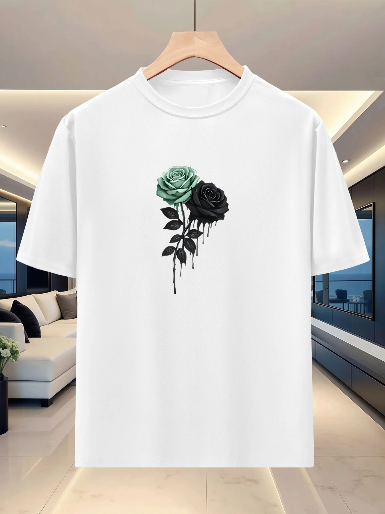 Relaxed texture men's loose silhouette half sleeved summer camping personalized graphic print off shoulder short sleeved top