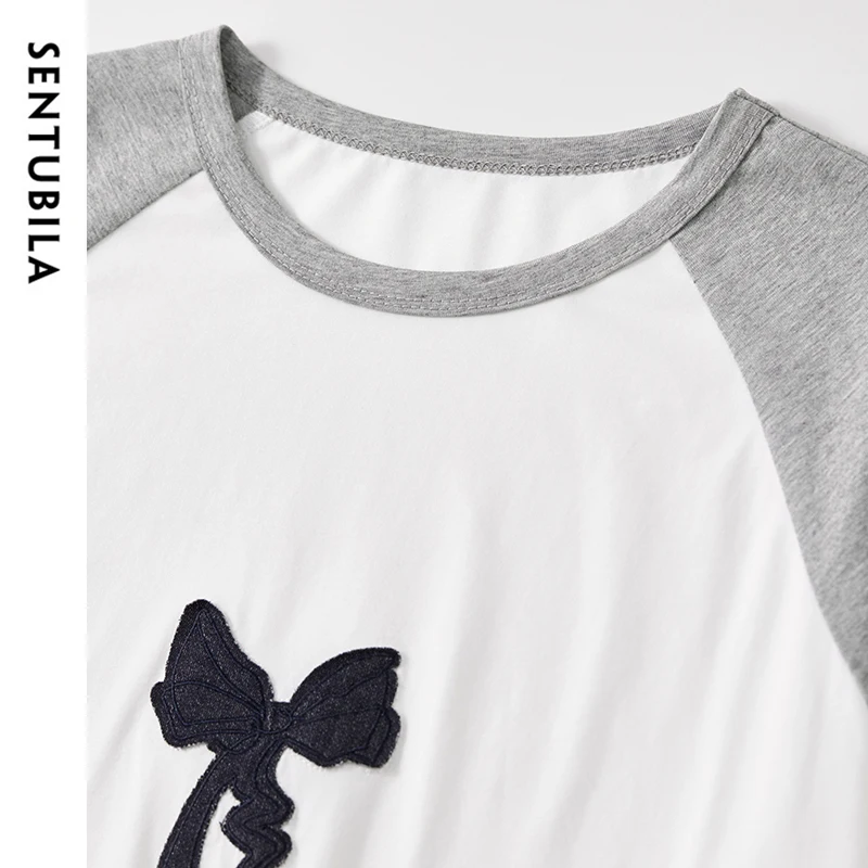 SENTUBILA Cotton Embroidery T-shirts Women 2025 Spring Casual Bow Print Long Sleeve Tee Shirt Tops Teen Girls Clothes 151T58759
