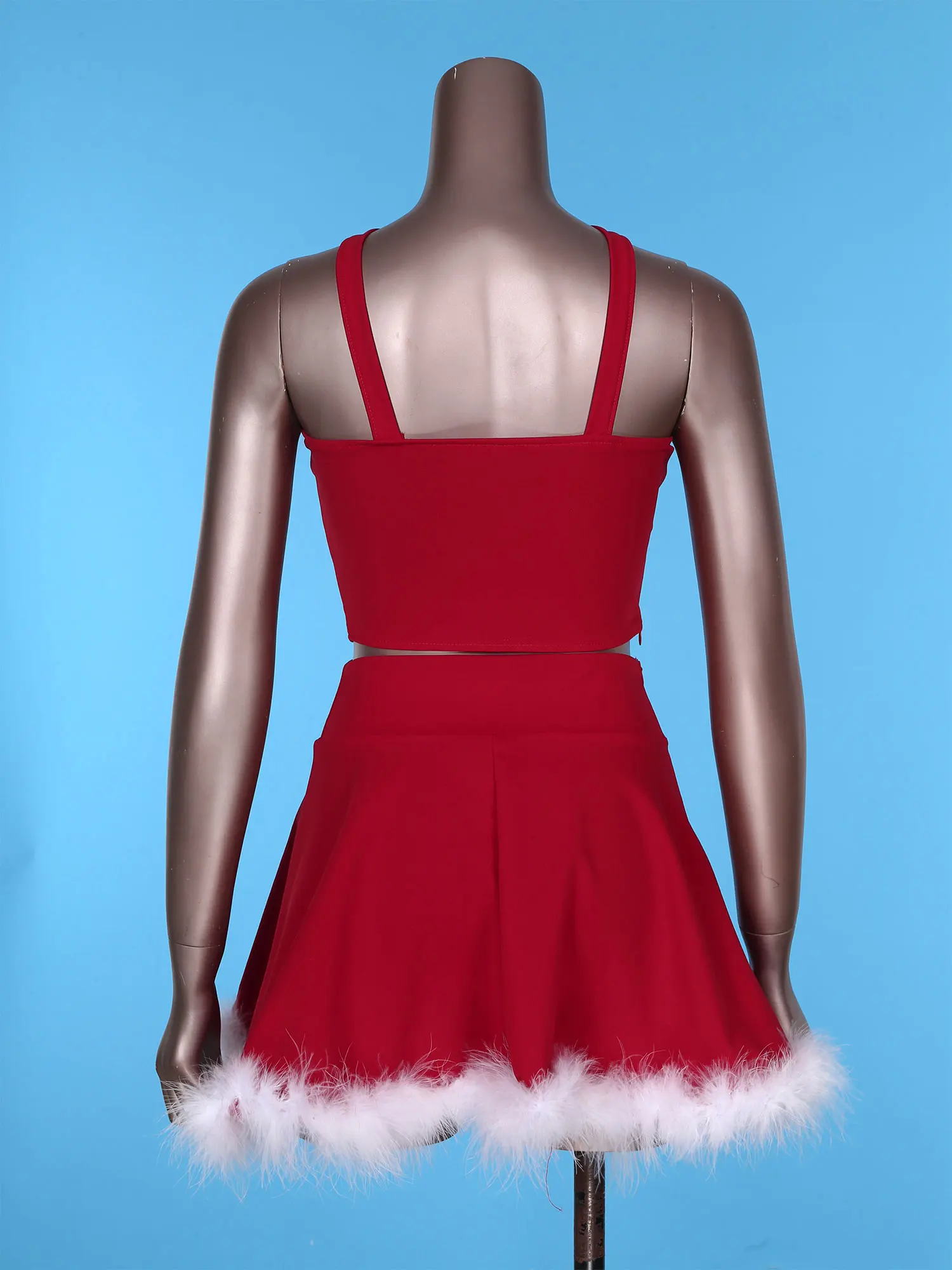 Traje de Navidad con ribete de piel sintética para mujer, Top corto sin mangas con cremallera Invisible lateral, falda de línea a, disfraz de Carnaval para fiesta de año nuevo