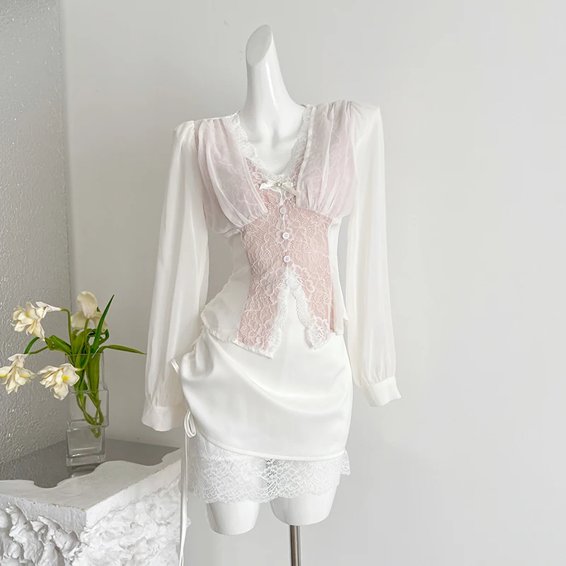 White Lace Long-Sleeved Shirts Semi-Sheer Set High Waist Drawstring Bodycon Straight Mini  Skirt Elegant Sexy Women's Outfit