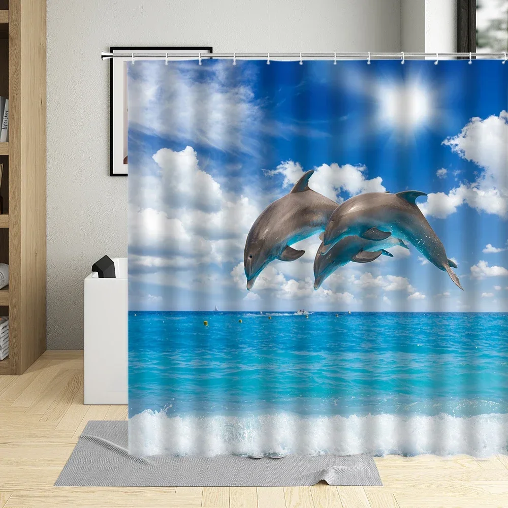 Sunlight Ocean Dolphin Print Waterproof Shower Curtain 3D Sea Animals Polyester Fabric Design Bath Curtain Home Decor With Hooks