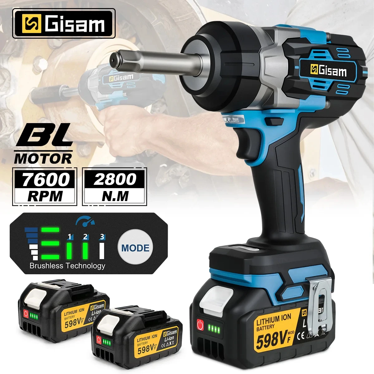 Gisam 2800N.M Bürstenloser Elektrischer Schlagschrauber mit Verlängertem Anschluss 1/2'' Kabelloser Elektroschrauber für Makita 18V Akku
