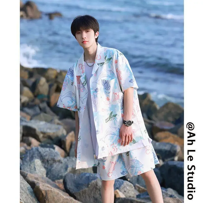 

Men's Hawaiian Ocean Print Two Piece Set Summer Ice Silk Beach Shirt Shorts