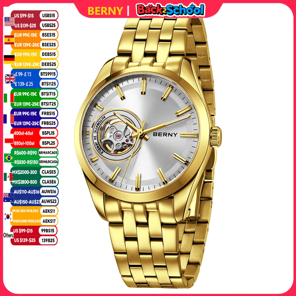 

BERNY Luxury Automatic Watches for Men Gold Fashion Elegant Skeleton NH38 Mechanical Men's Dress Watch Sapphire 5ATM Wristwatch