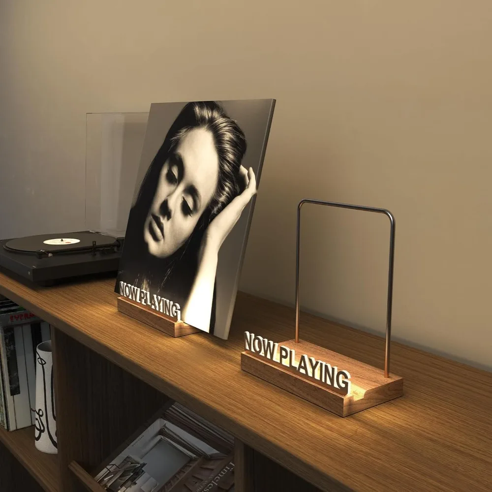 Wooden Acrylic Now Playing Vinyl Record Stand with Warm White Light Adjustable Vinyl Record Display Stand Light Up 3 Color Modes