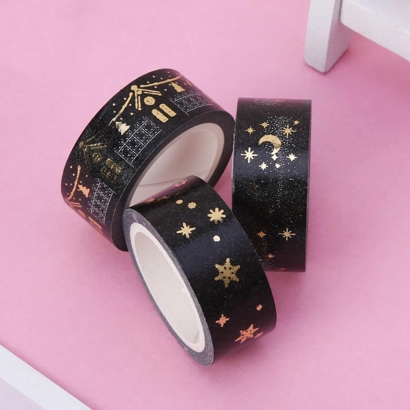 57BE Black Moon Stars Paper Sticky Adhesive Sticker Decorative Tape 1.5cm x 5m