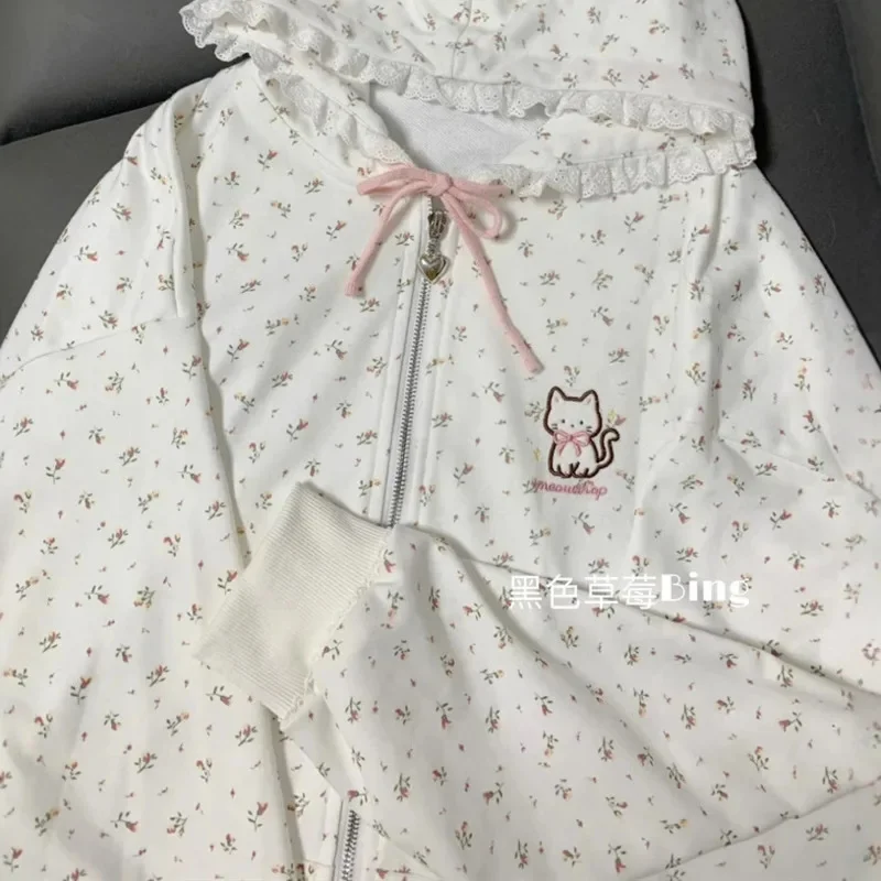 Harajuku Y2K Cat Floral Hoodie Jacket Korean Kawaii Hooded Coat Zipper Jacket Women Cardigan Loose Long Sleeve Thin Top Tee New