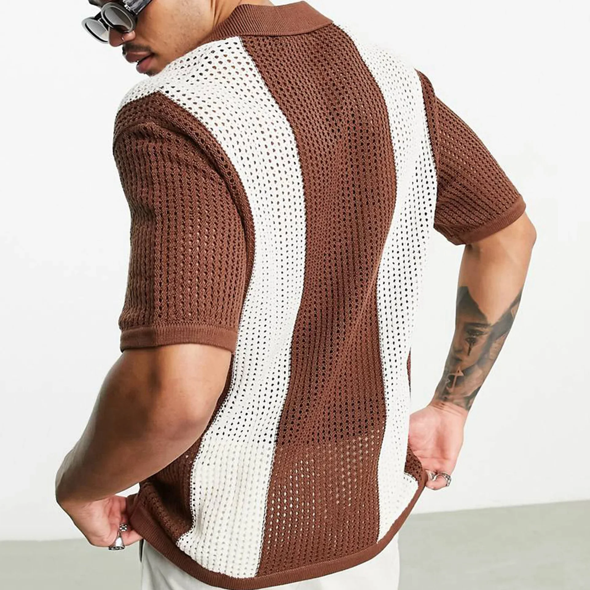 Mens Top Summer Thin Cut Hollow Color Patchwork Knitted Sweater Casual Woolen Pullover Polo Shirt for Men