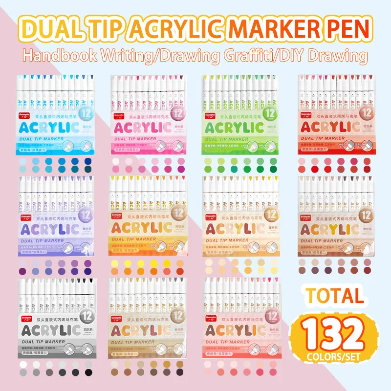 GuangNa 12/132 Farben Doppelkopf Acryl Malerei Marker Gerade Flüssigkeit Pype Acryl Marker Stifte Set Schreibwaren, GN.8109 – Detail 17