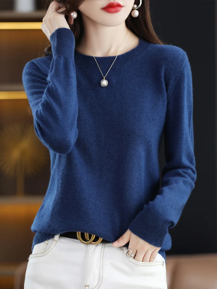 Autumn Winter Women Sweater 100% Merino Wool Basic O-neck Pullover Solid Casual Cashmere Knitwear Female Grace Clothing Tops