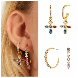925 Sterling Silver Needle Luxury C-Shape Colorful Zircon Stud Earrings for Women Cross Pendant Gold Earrings Wedding Jewelry